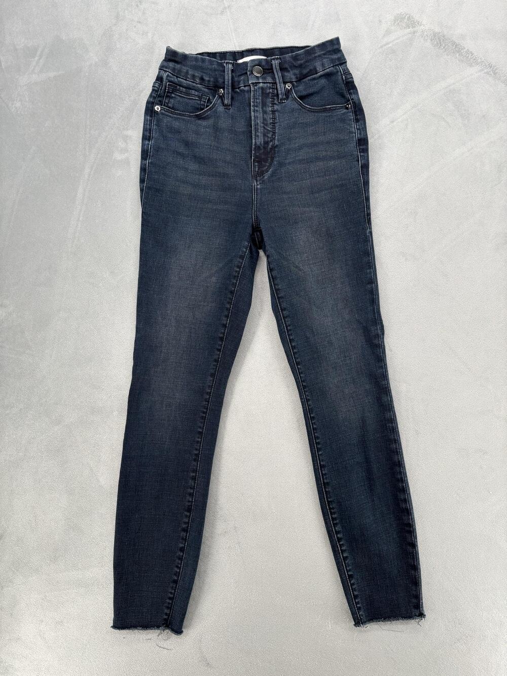 Good American Jeans Womens Size 0/25 Blue Skinny High Rise Dark Wash Fringe